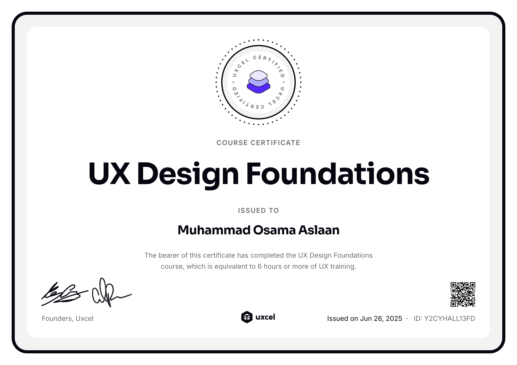 Muhammad Osama Aslaan's certificate